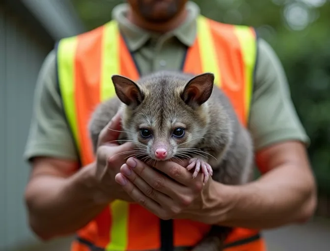 Animal handler safely recovering a deceased possum in Leopold