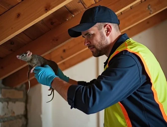 Technician inspecting a roof cavity for a dead rat in Leopold